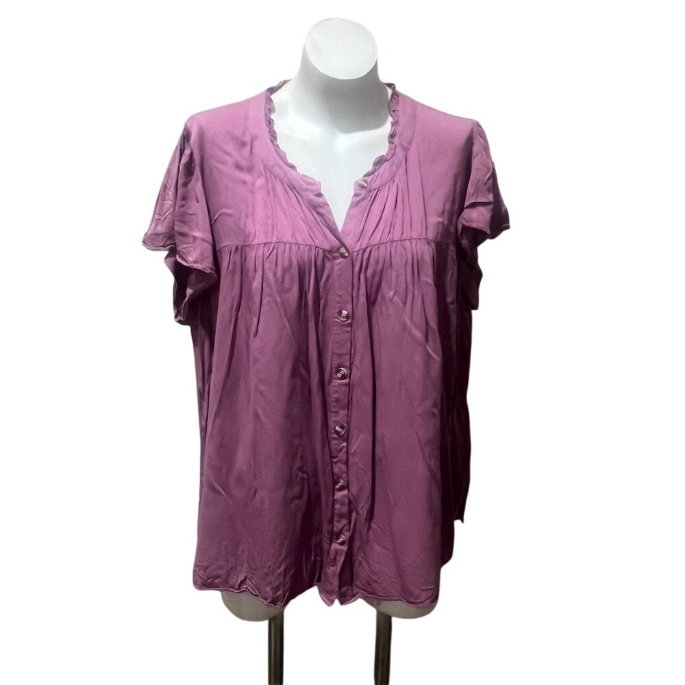 Rose + Olive Blouse Womens 2XL Purple Button Front Flutter Sleeve V-Neck